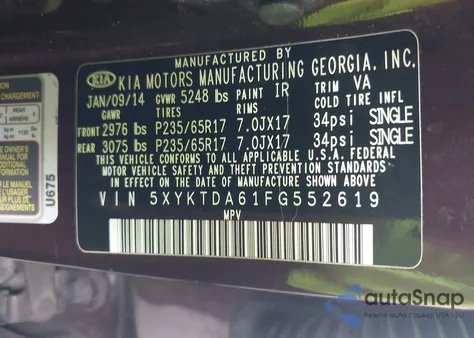 2015 Kia Sorento Lx z USA, uszkodzony, nr VIN 5XYKTDA61FG552619